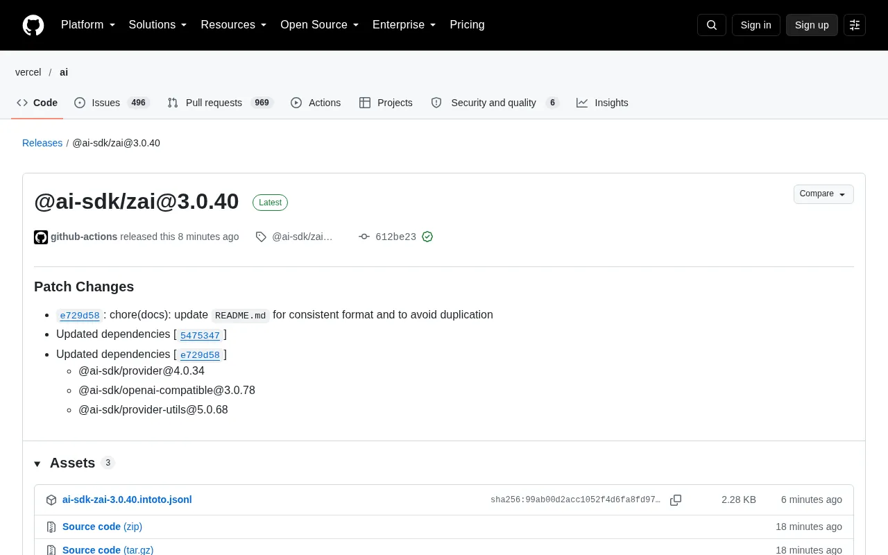 @ai-sdk/zai 3.0.40 发布:补丁更新与依赖同步