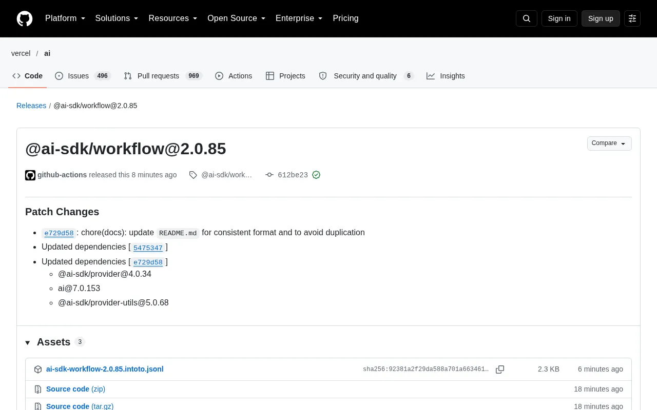 AI SDK Workflow 2.0.85 补丁发布:文档整理与依赖同步