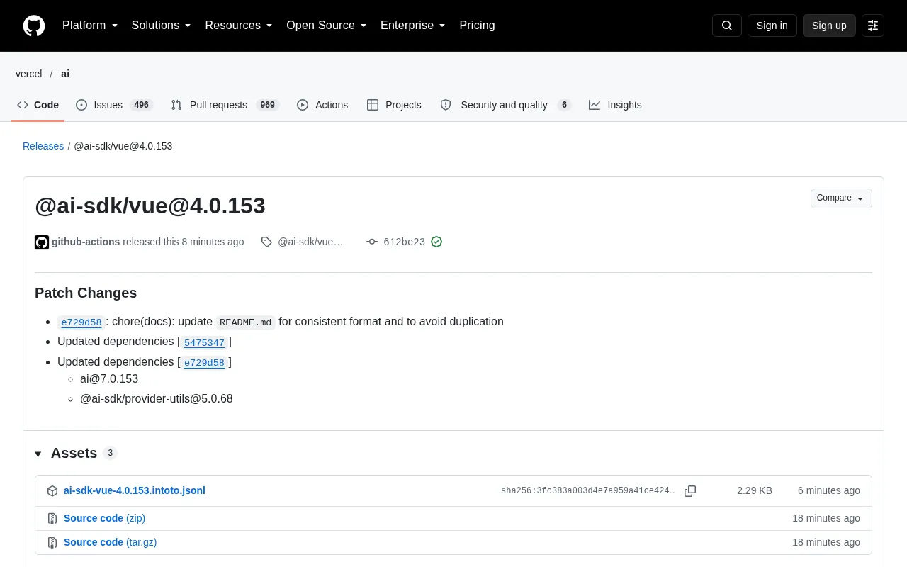 @ai-sdk/vue 4.0.153 Patch Release: Documentation and Dependency Sync Updates
