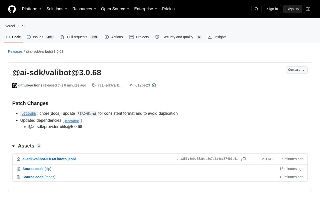 @ai-sdk/valibot 3.0.68 补丁发布:文档去重与依赖同步