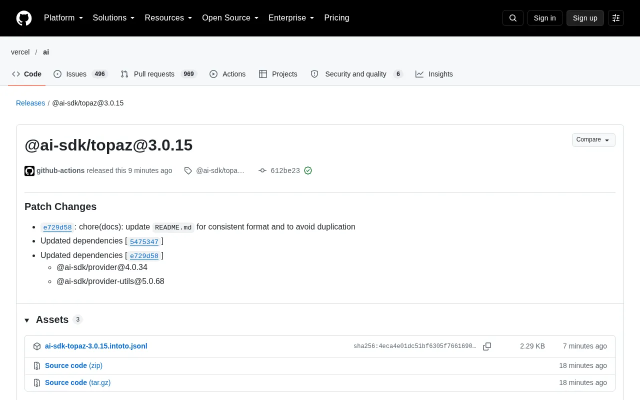 AI SDK Topaz 3.0.15 发布:文档优化与依赖更新