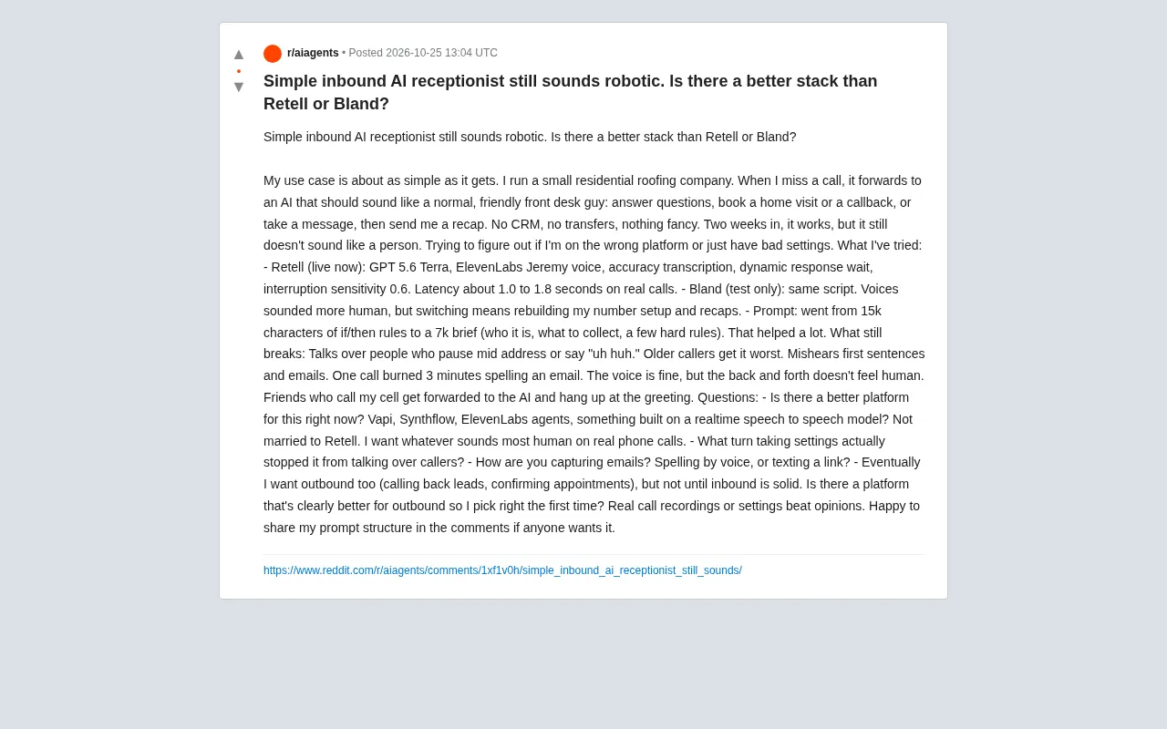 AI前台仍像机器人?屋顶承包商实测Retell与Bland