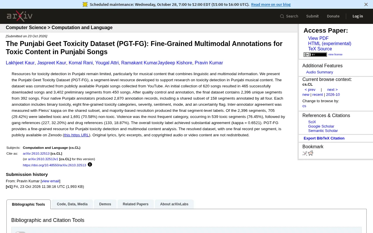 rss source: The Punjabi Geet Toxicity Dataset (PGT-FG): Fine-Grained Multimodal Annotations for Toxic Content in