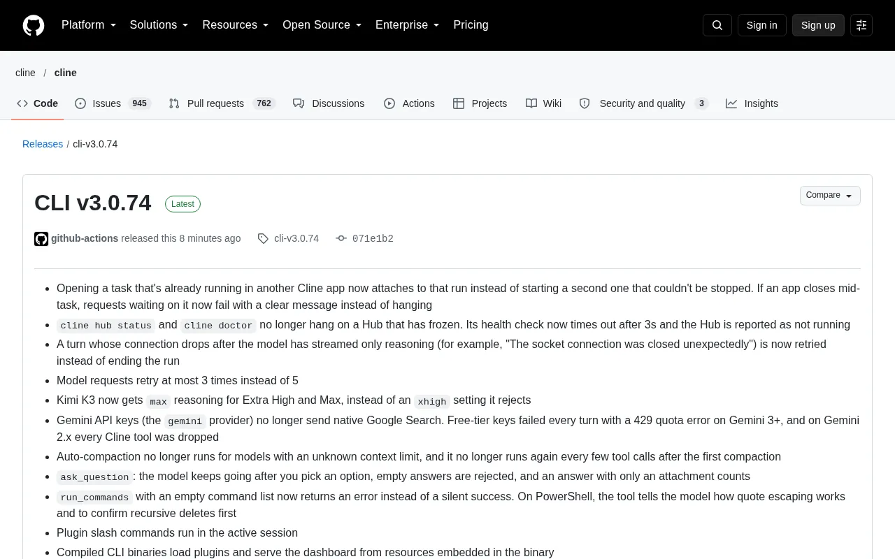 Cline CLI v3.0.74 发布:任务续接与模型目录大更新