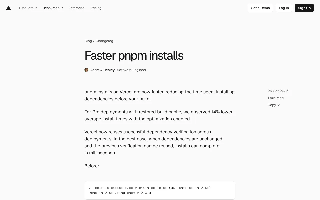 Vercel Optimizes pnpm Installs: Millisecond Completion When Dependencies Are Unchanged