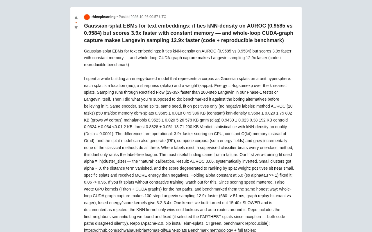 Gaussian-Splat EBM: AUROC on Par with kNN Density Estimation, 3.9x Faster Inference