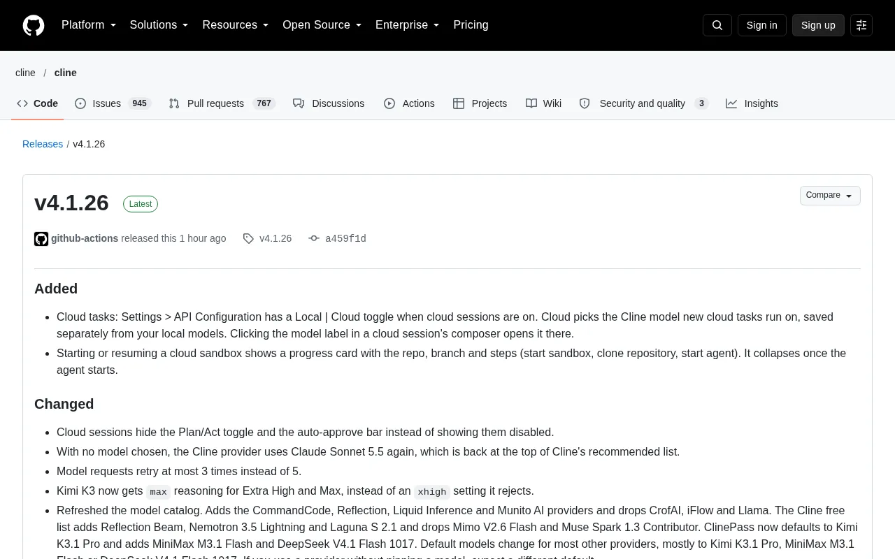Cline v4.1.26 Update Analysis: Cloud Tasks and Model Options Get a Full Upgrade