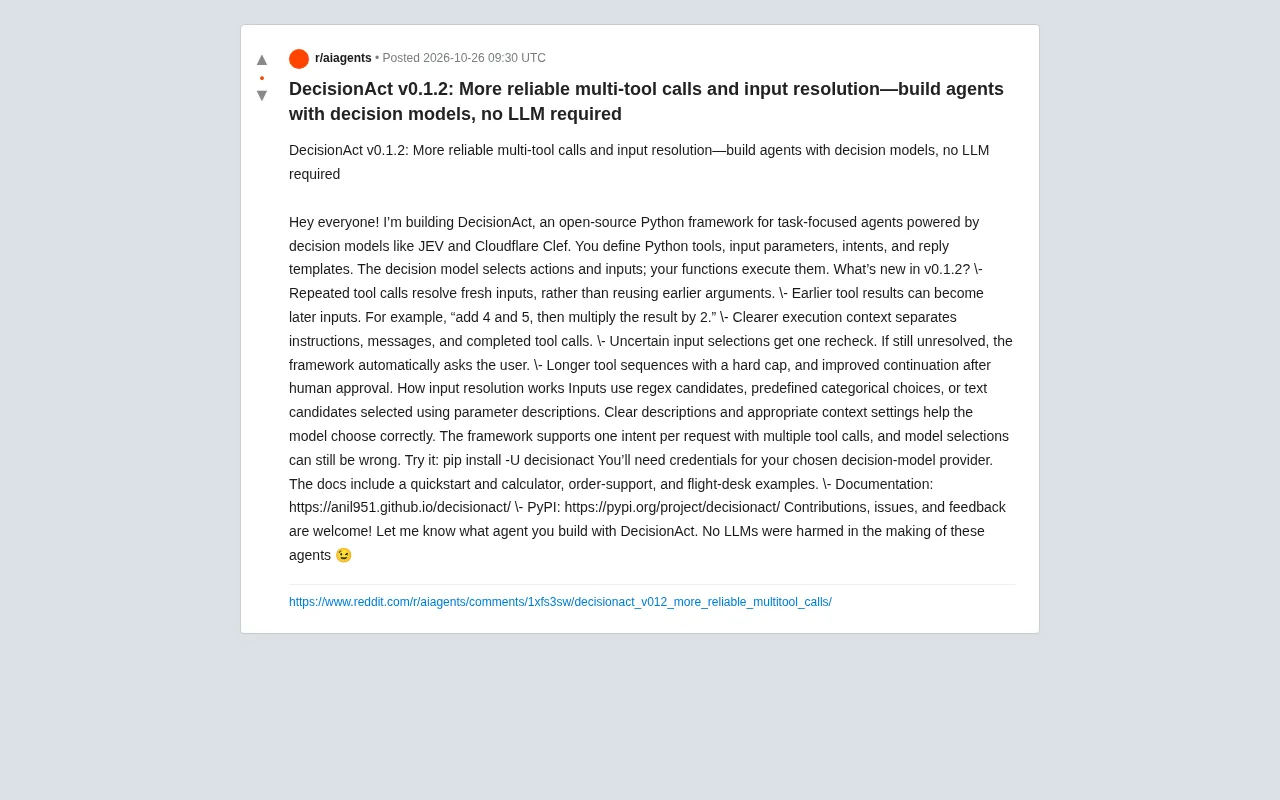 DecisionAct v0.1.2:不用LLM,用决策模型构建多工具调用Agent