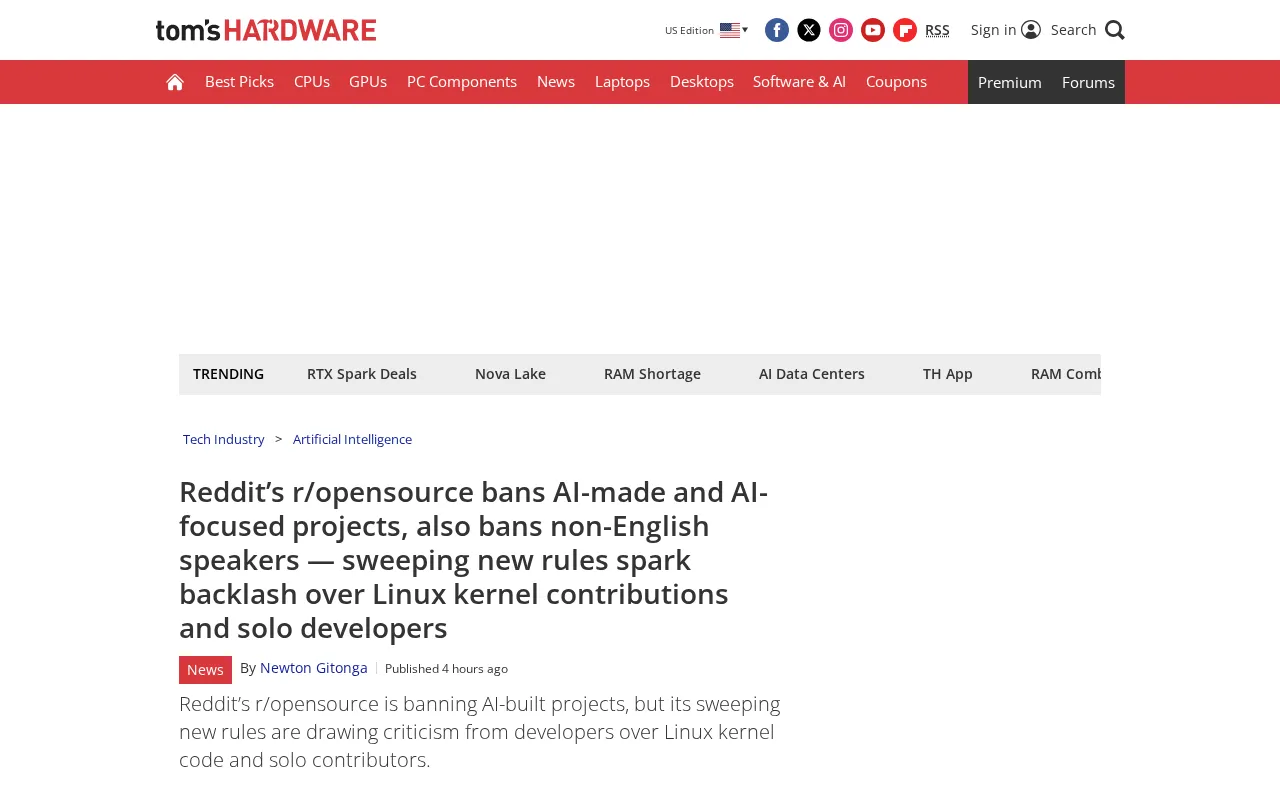 R/opensource 封禁 AI 项目与非英语用户引争议