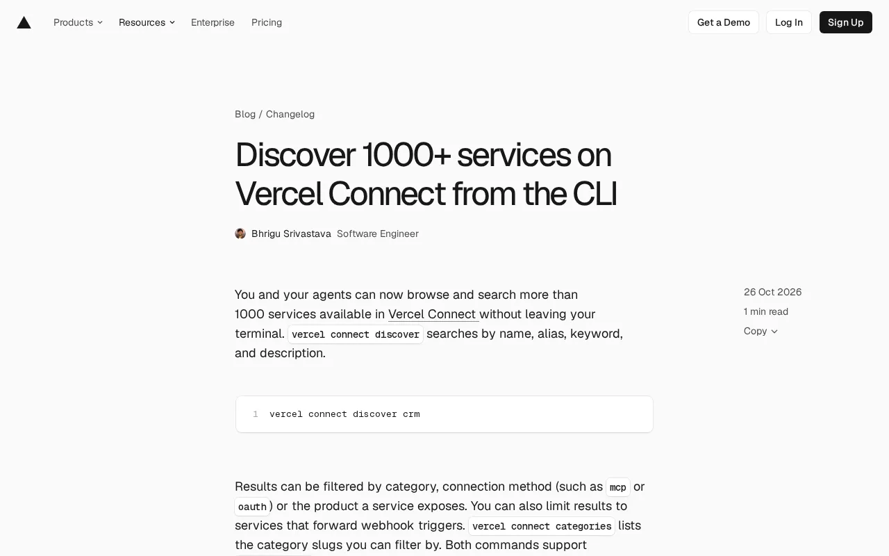 Vercel Connect CLI新功能:终端内发现1000+服务