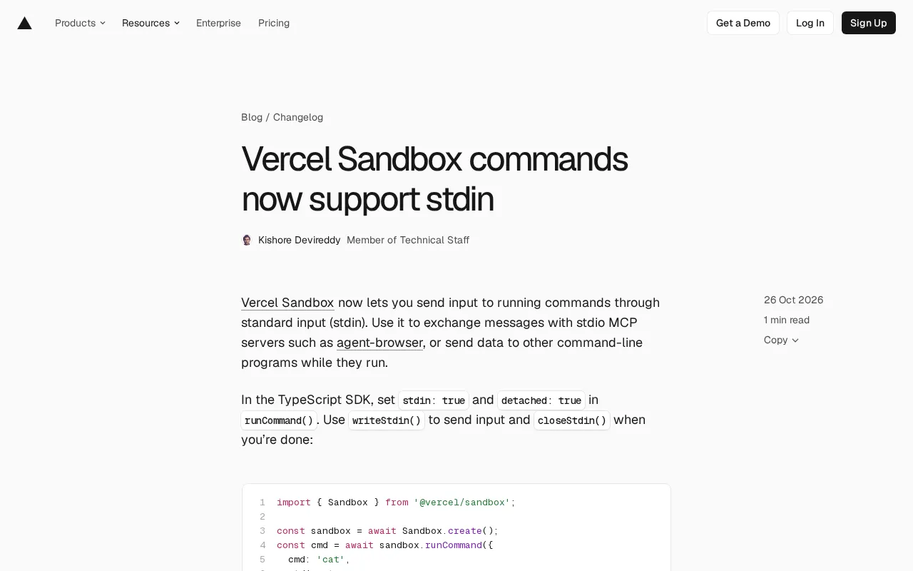 Vercel Sandbox支持stdin:为AI Agent打通交互式命令通道