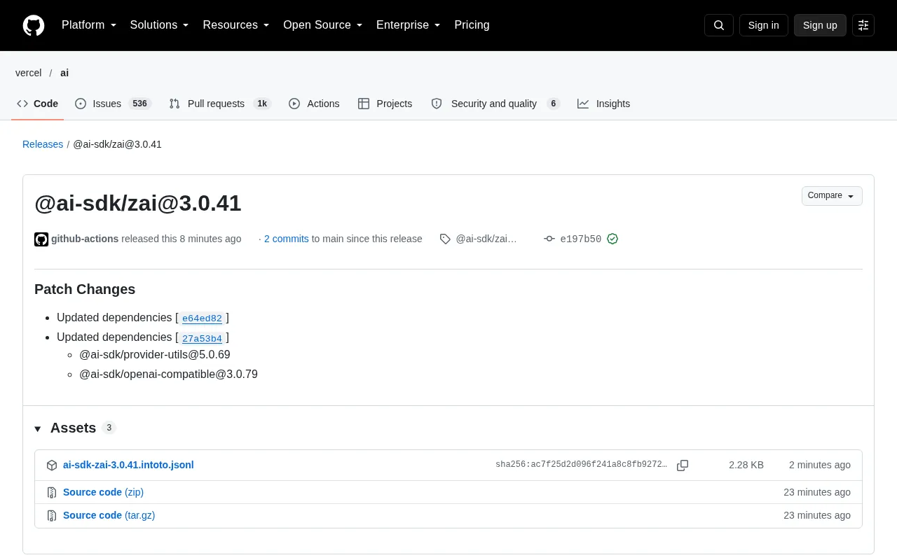 @ai-sdk/zai 3.0.41 补丁发布:依赖同步升级
