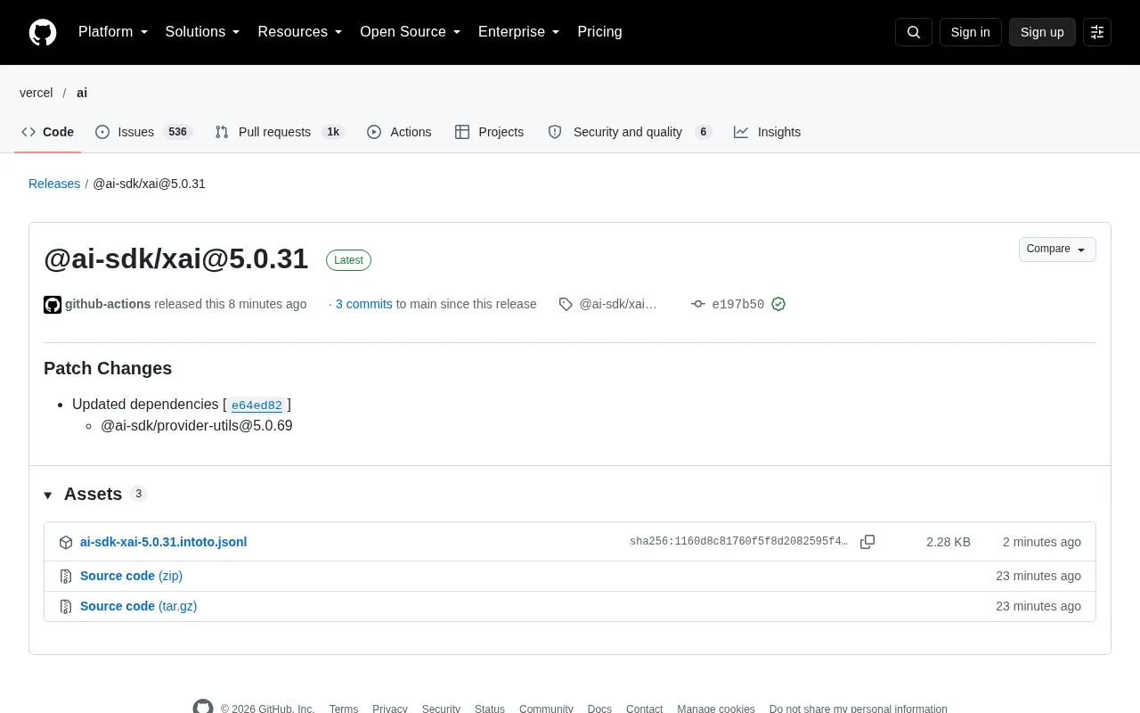 @ai-sdk/xai 5.0.31 补丁更新:一次底层依赖的迭代