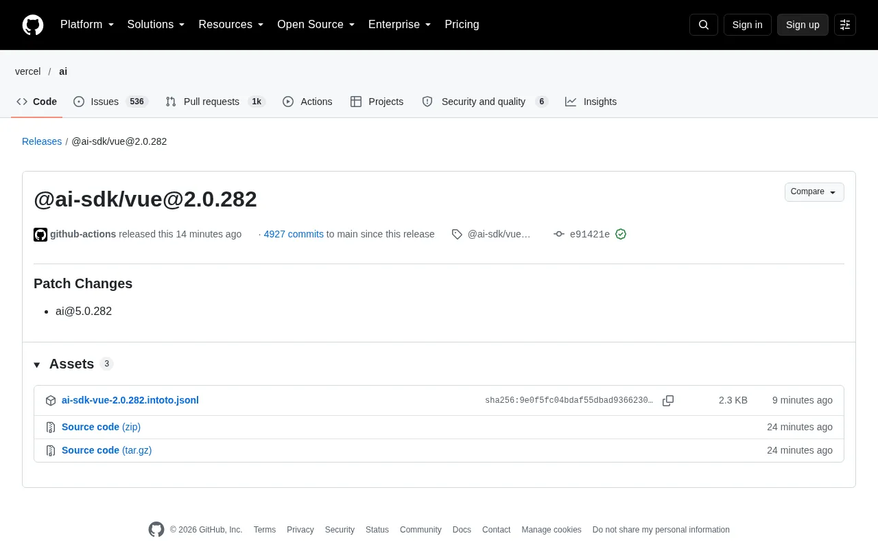 AI SDK Vue 2.0.282 补丁发布:与 ai@5.0.282 同步更新