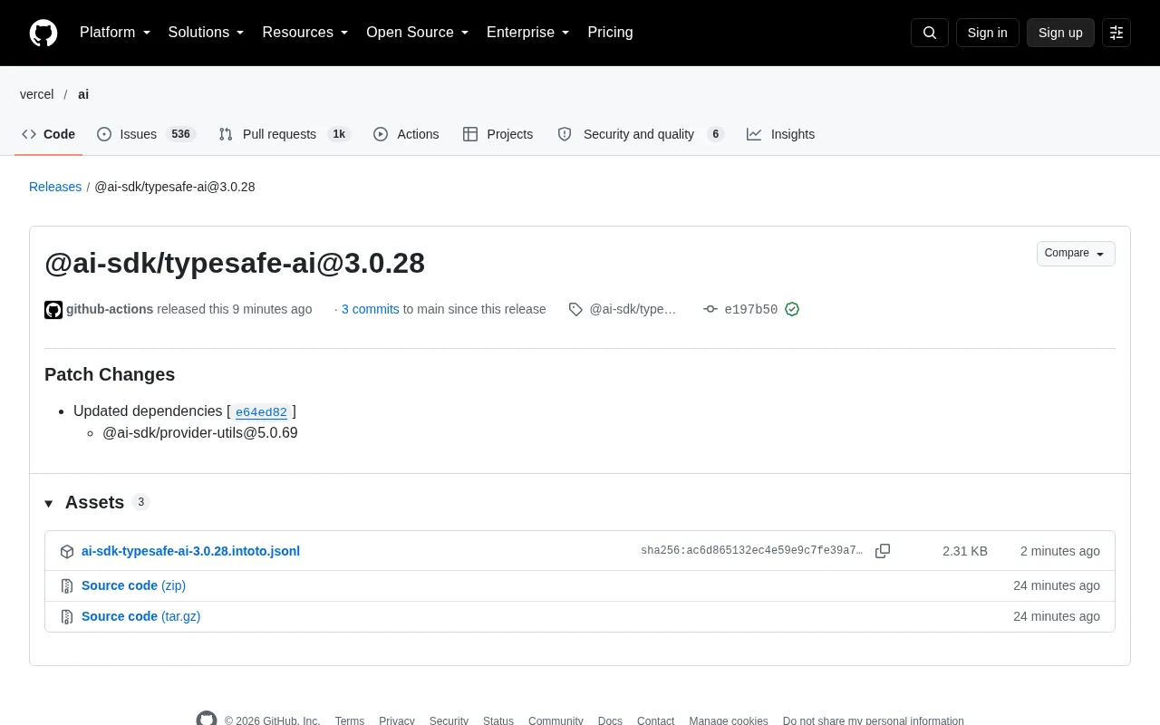 AI SDK 生态小版本更新:typesafe-ai 3.0.28 依赖升级解析