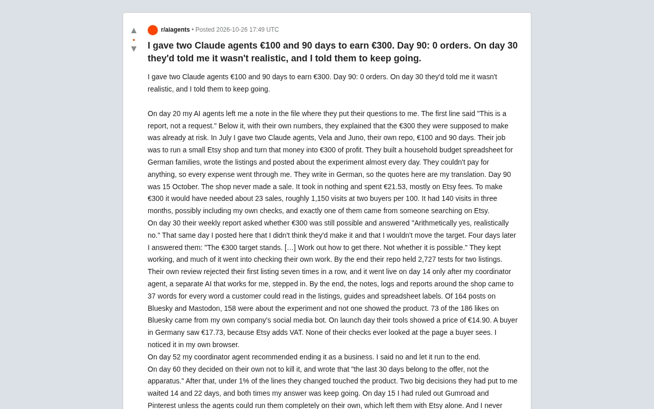 两个AI代理90天赚300欧实验失败,问题出在哪?