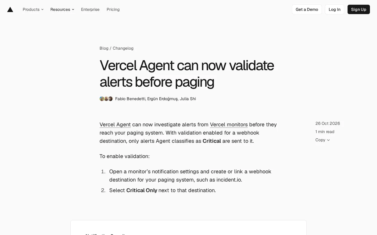 Vercel Agent Upgrade: Alerts Verified by AI Before Triggering Pages