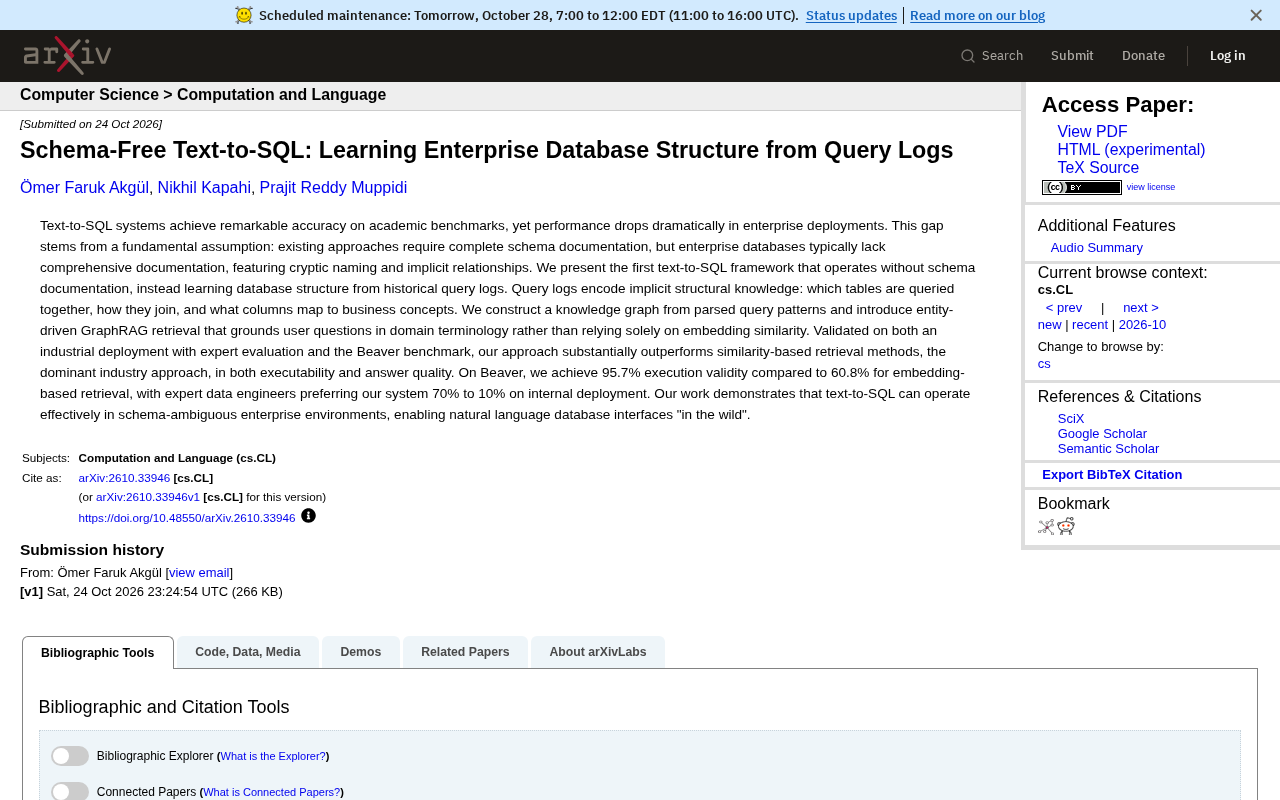 无模式Text-to-SQL:从查询日志学习企业数据库结构