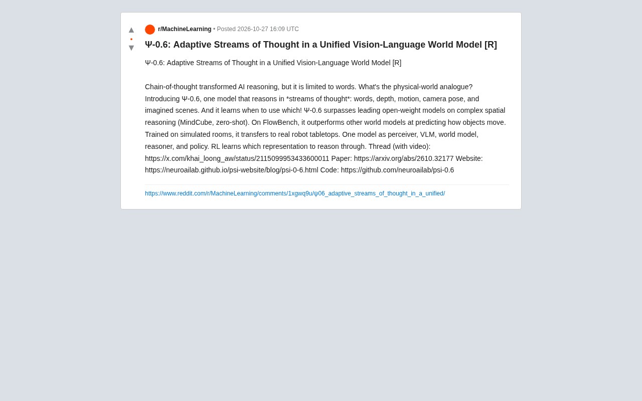 Ψ-0.6: Adaptive Thought Flow in a Unified Vision-Language World Model