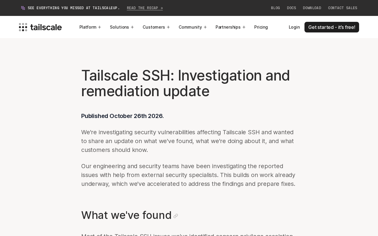 Tailscale SSH Security Incident Investigation and Remediation Update