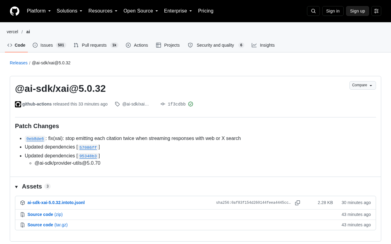AI SDK xAI 5.0.32 Fixes Duplicate Citations in Streaming