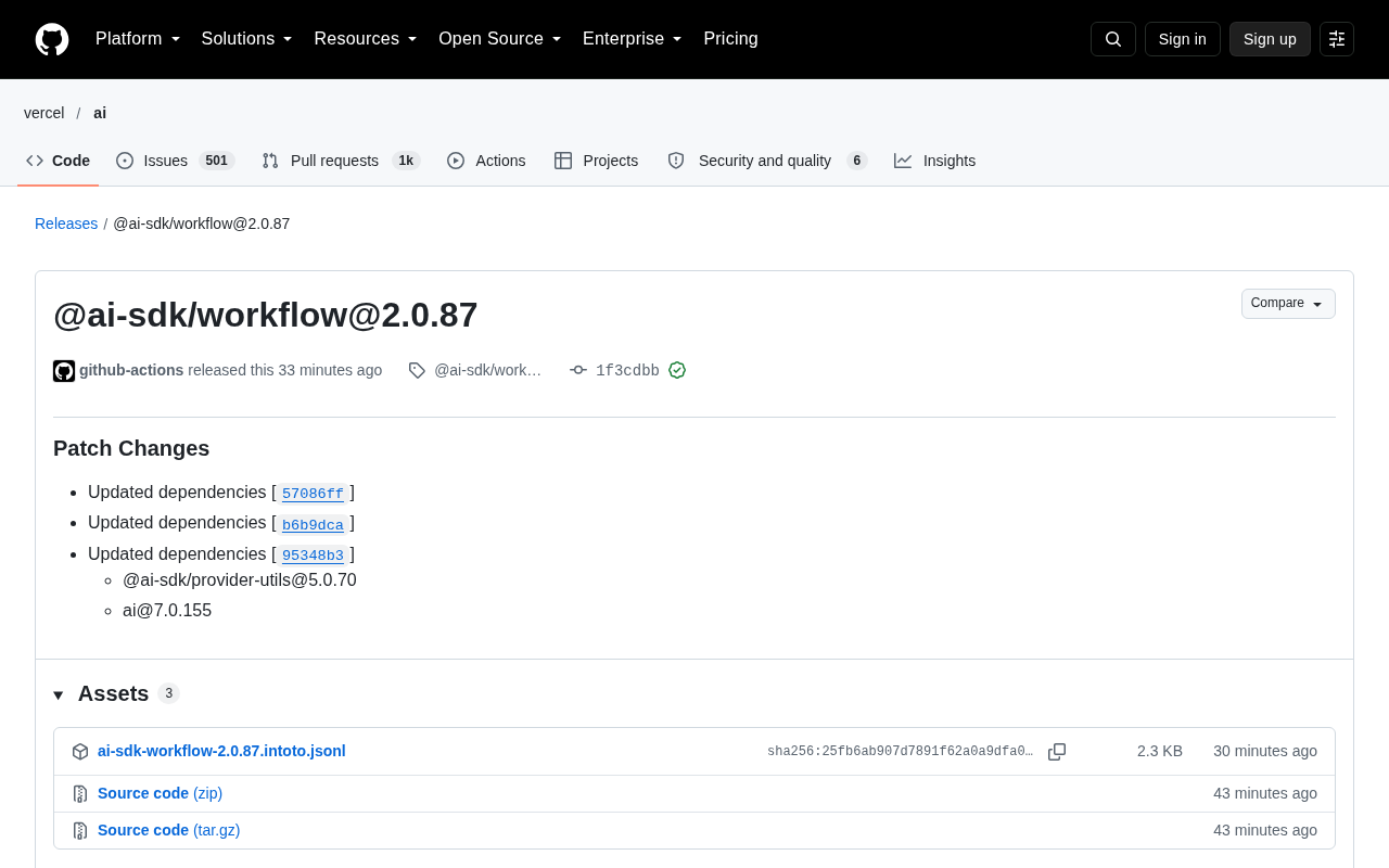 @ai-sdk/workflow 2.0.87 补丁发布：依赖链更新背后的版本策略