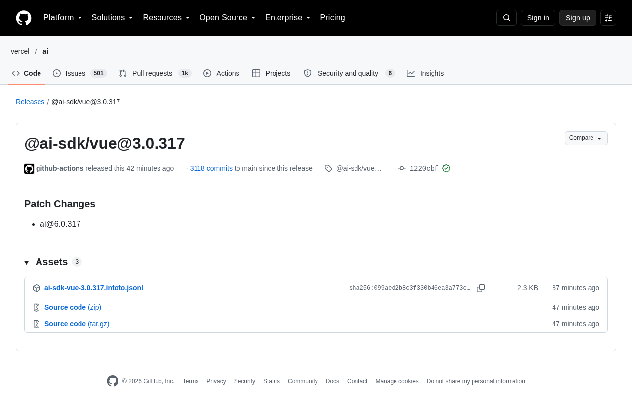 Vercel AI SDK 发布 Vue 补丁版本:一次静默的依赖协同