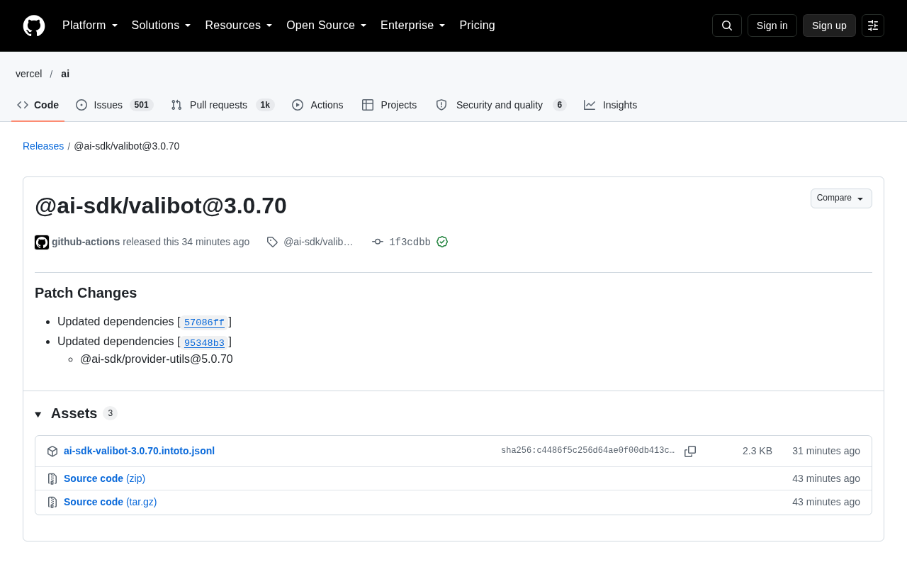 @ai-sdk/valibot 3.0.70 补丁更新:依赖升级与生态信号