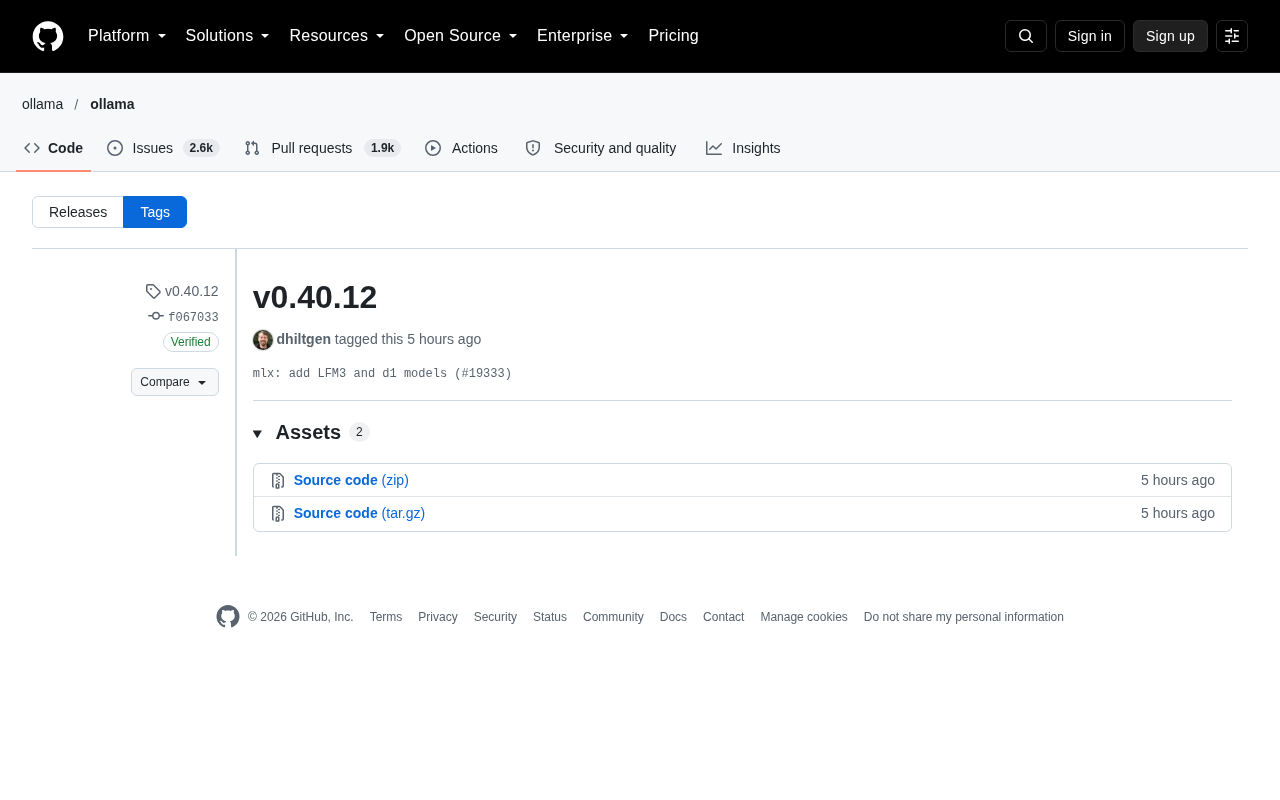 Ollama v0.40.12 更新:MLX 支持 LFM3 与 d1 模型
