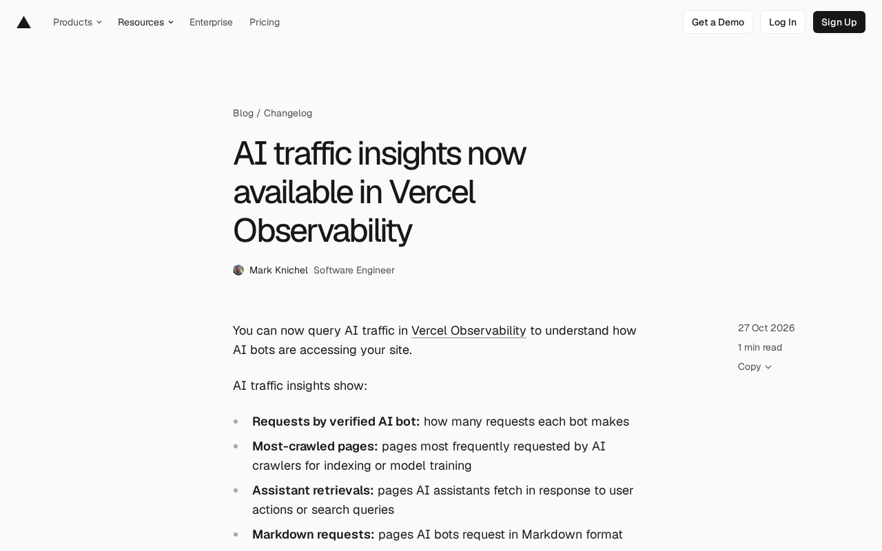 Vercel Observability Adds AI Traffic Insights: See How AI Crawlers Access Your Site