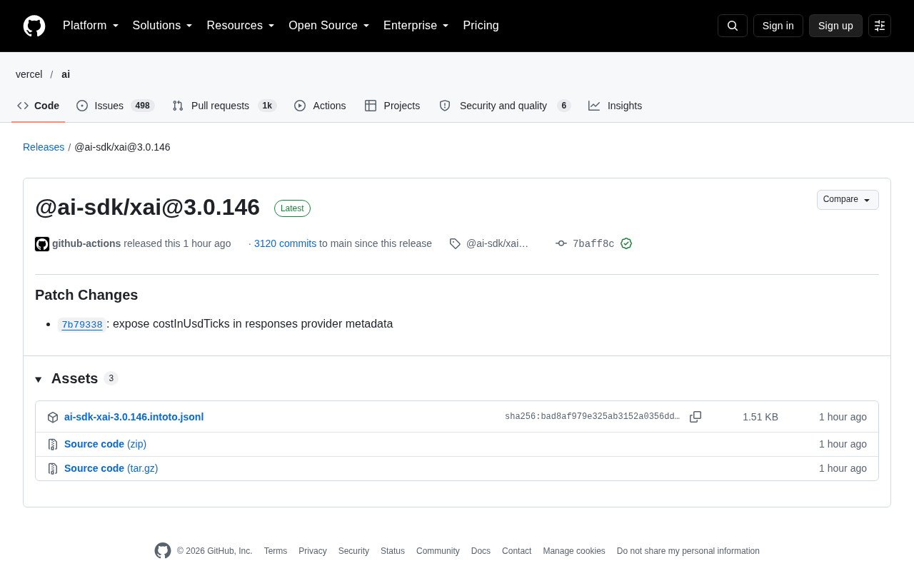 @ai-sdk/xai 3.0.146 更新：成本信息进入响应元数据