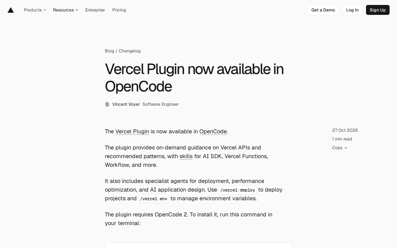 Vercel插件登陆OpenCode:AI编程助手直连部署工作流