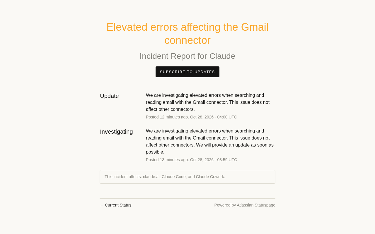 Gmail连接器错误率升高：搜索读取邮件受影响