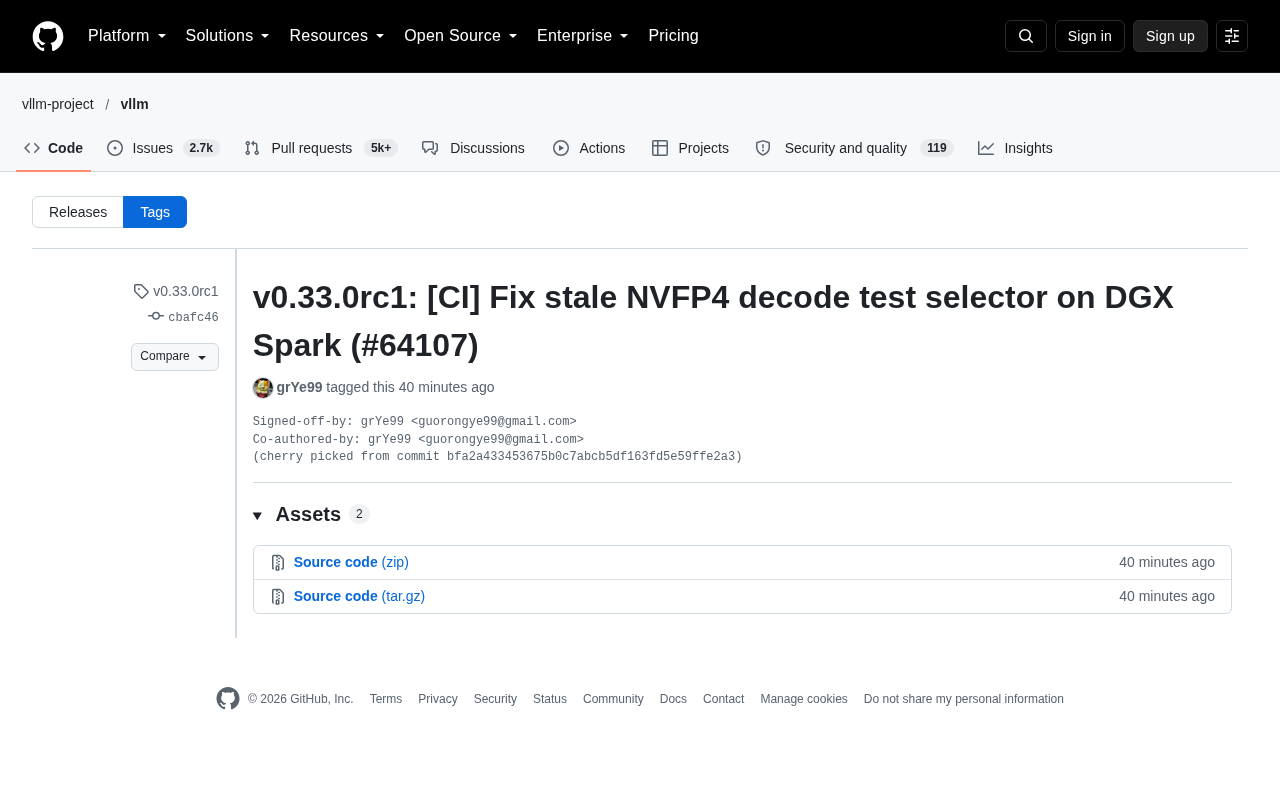 vLLM v0.33.0rc1 修复 DGX Spark 上的 NVFP4 解码测试选择器