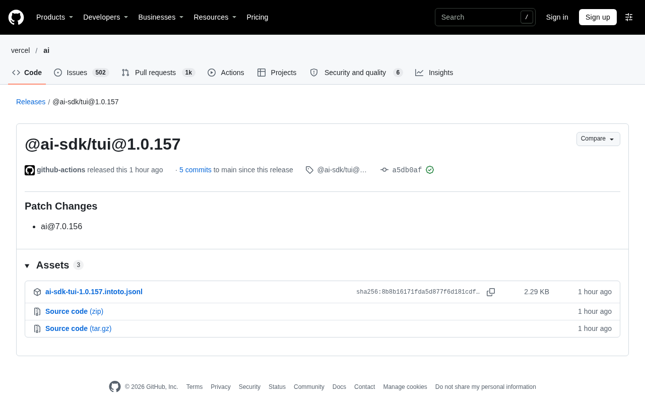 @ai-sdk/tui 1.0.157 补丁发布:终端 UI 工具链同步更新