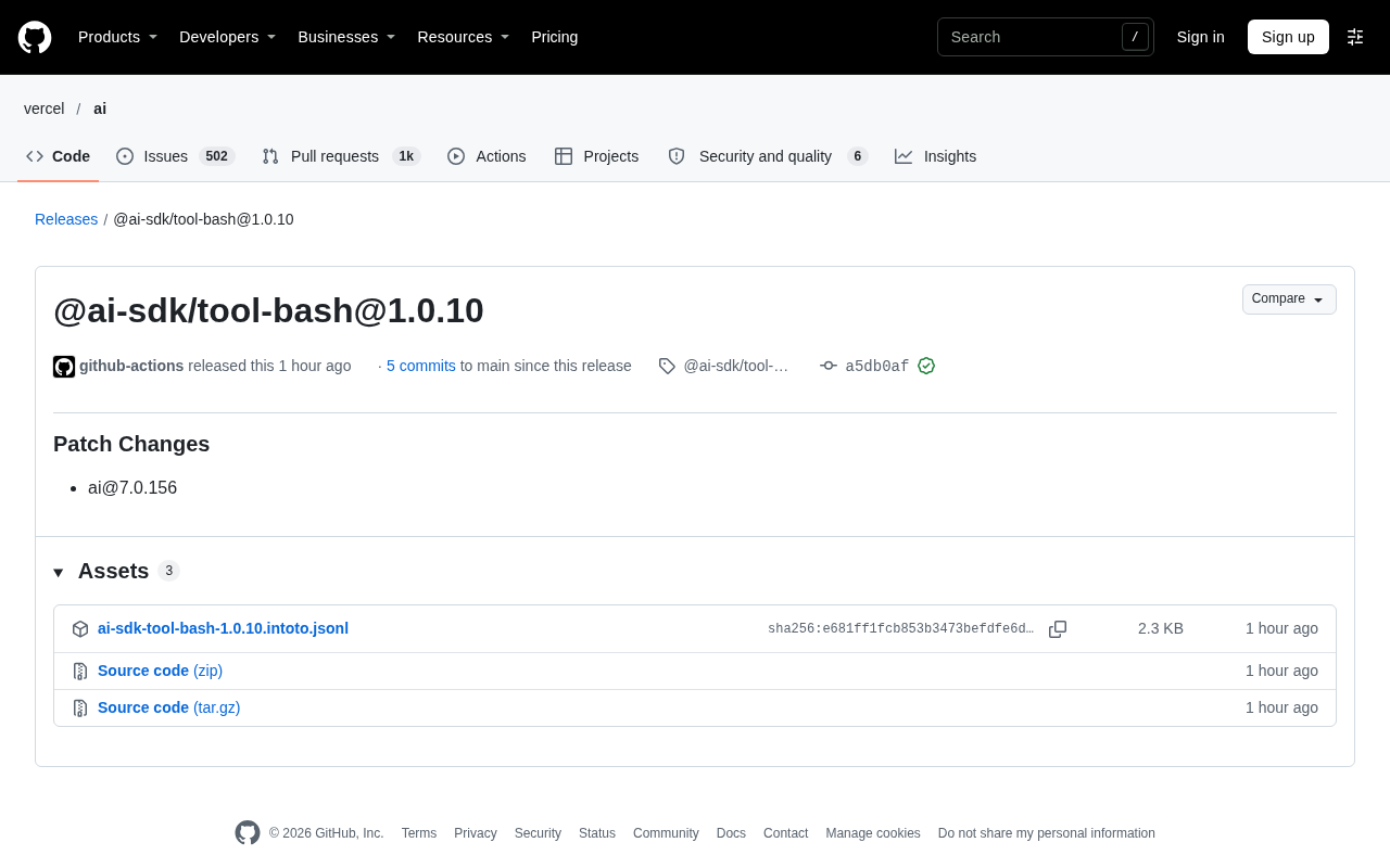 @ai-sdk/tool-bash 1.0.10 发布:补丁更新与 ai@7.0.156 联动
