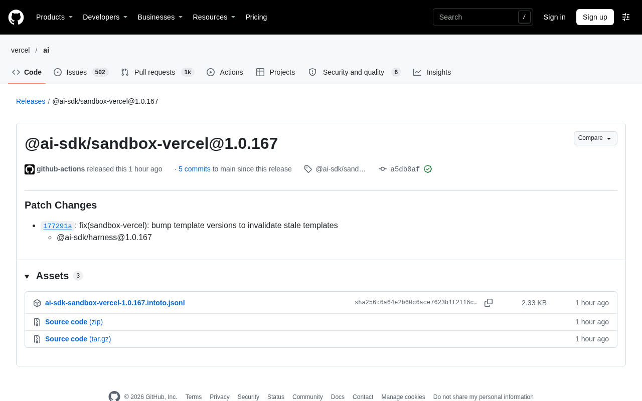 @ai-sdk/sandbox-vercel 1.0.167 补丁发布:模板版本升级清理陈旧模板