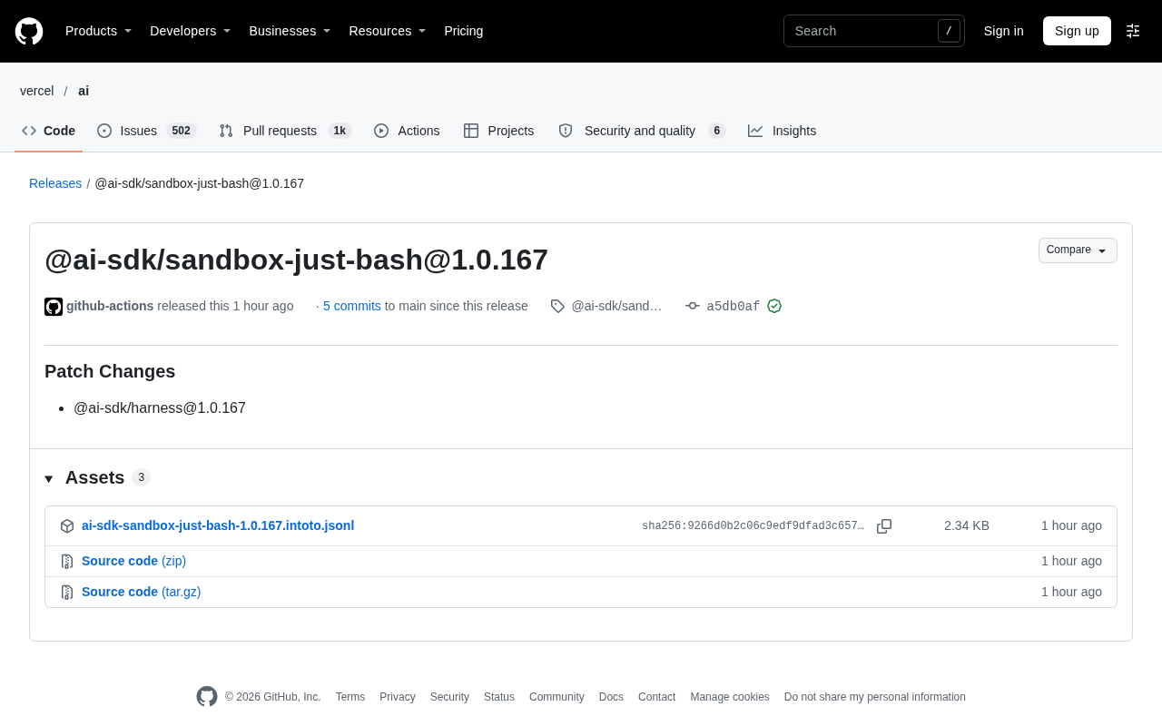 @ai-sdk/sandbox-just-bash 补丁发布,AI 沙箱工具链小幅迭代
