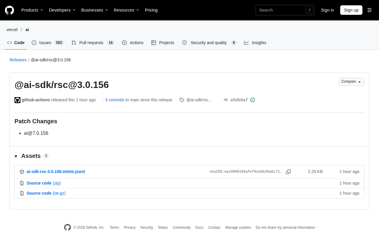 AI SDK RSC 3.0.156 补丁发布:小幅迭代与生态联动