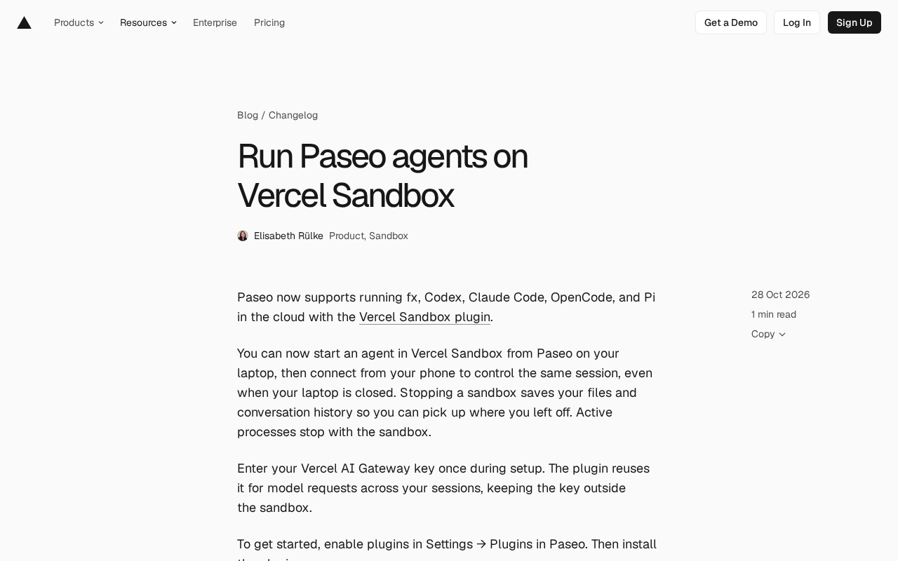 Paseo 接入 Vercel Sandbox:云端运行编程 Agent 并跨设备接管
