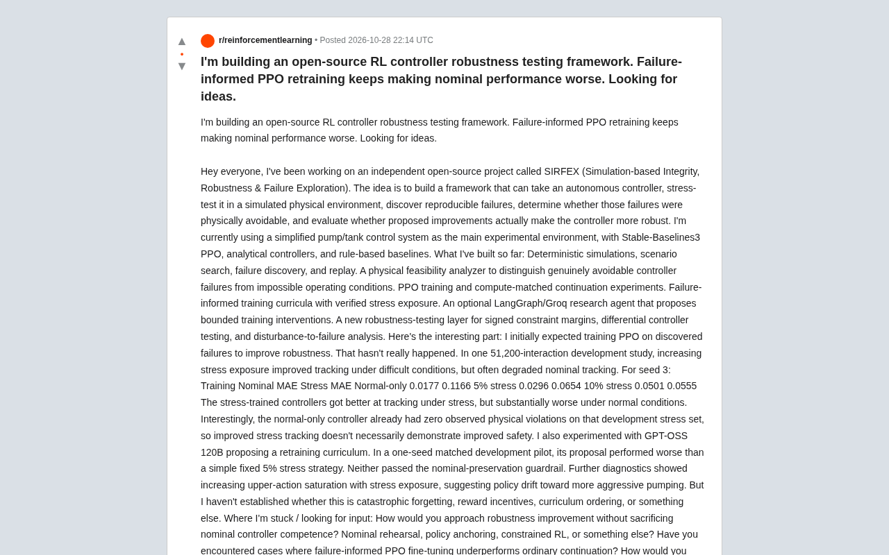 Open-Source Robustness Testing Framework SIRFEX: Why Does Failure-Driven PPO Retraining Hurt Nominal Performance?