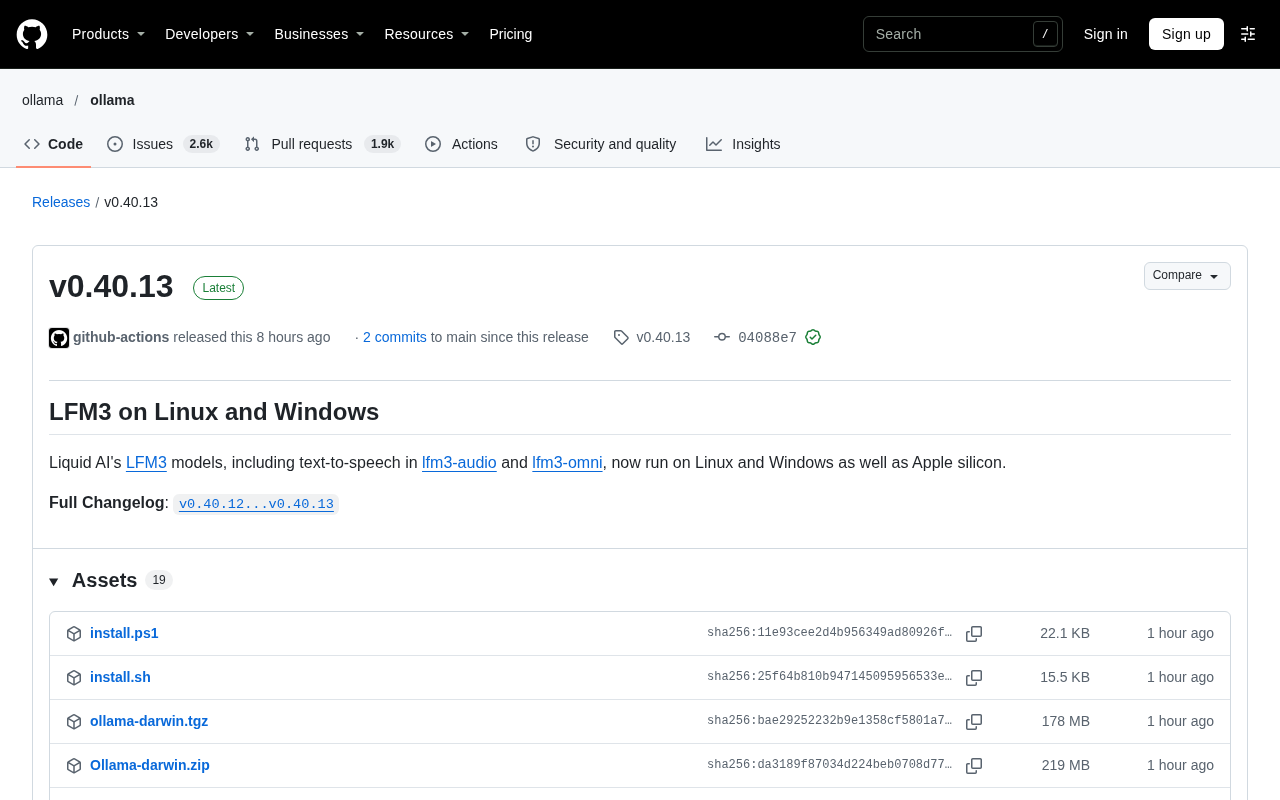 Ollama v0.40.13 更新:LFM3 音频模型登陆 Linux 与 Windows
