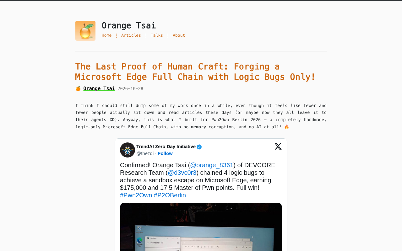 hackernews source: Forging a Microsoft Edge Full Chain with Logic Bugs Only