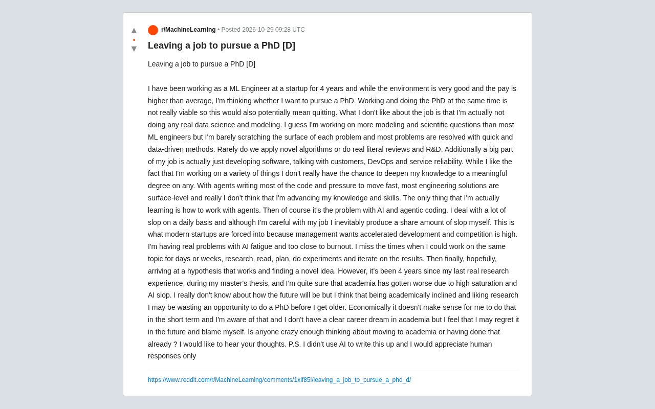 ML Engineer of Four Years Wants to Quit and Pursue a PhD: Struggling to Escape AI Fatigue