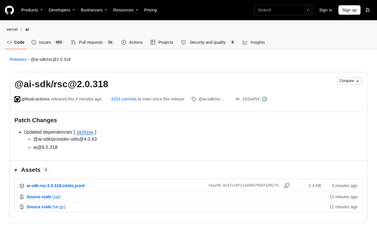 AI SDK RSC 2.0.318 Patch Update: Dependency Upgrades and Version Alignment