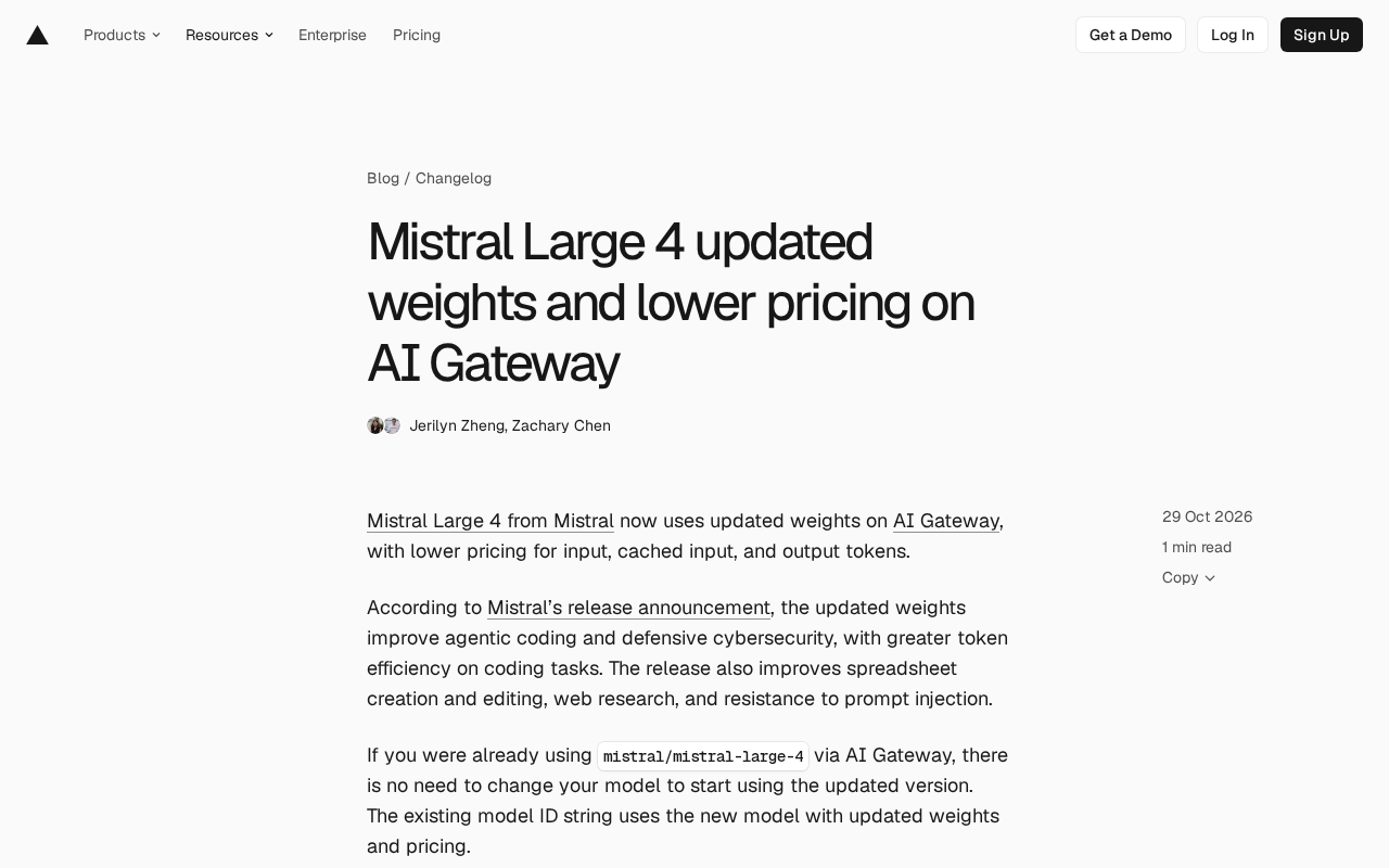 Mistral Large 4更新权重并降价,AI Gateway用户无缝升级