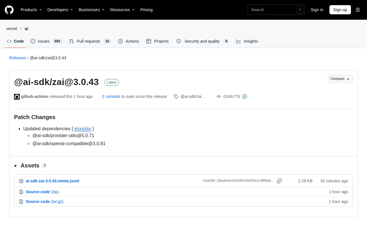 AI SDK Releases Z.ai Adapter 3.0.43 Patch Update