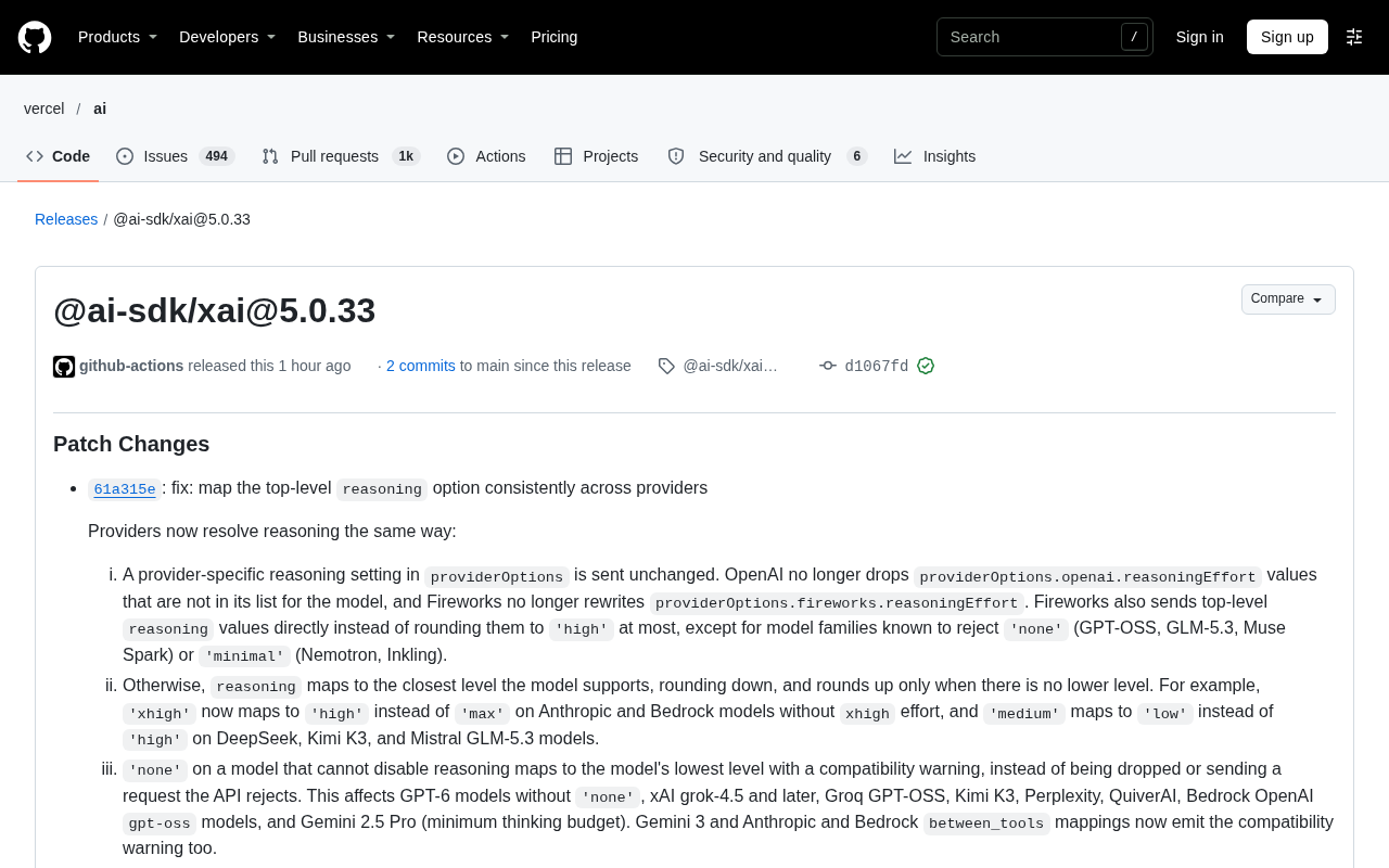 AI SDK xAI 5.0.33 Released: Unified Reasoning Option Mapping Logic