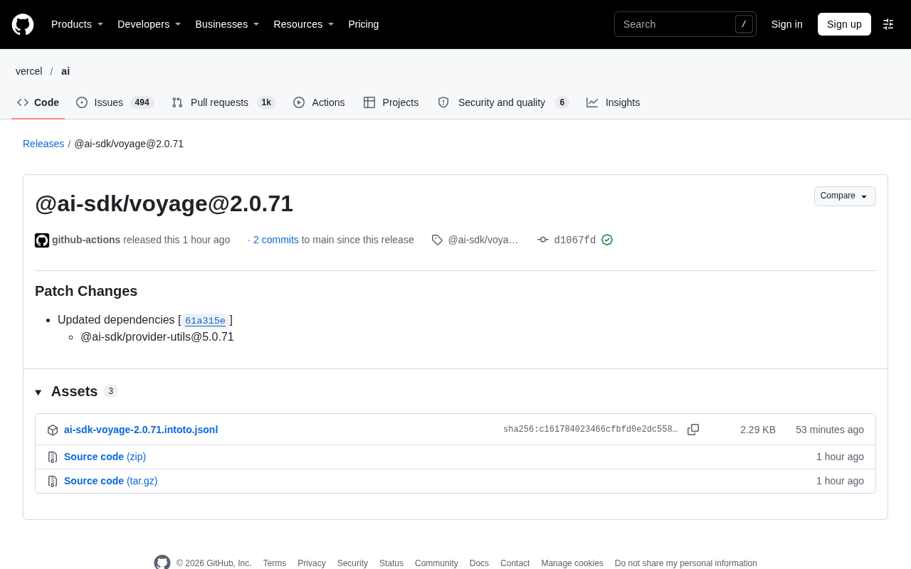 AI SDK Voyage 2.0.71 补丁发布:依赖同步更新