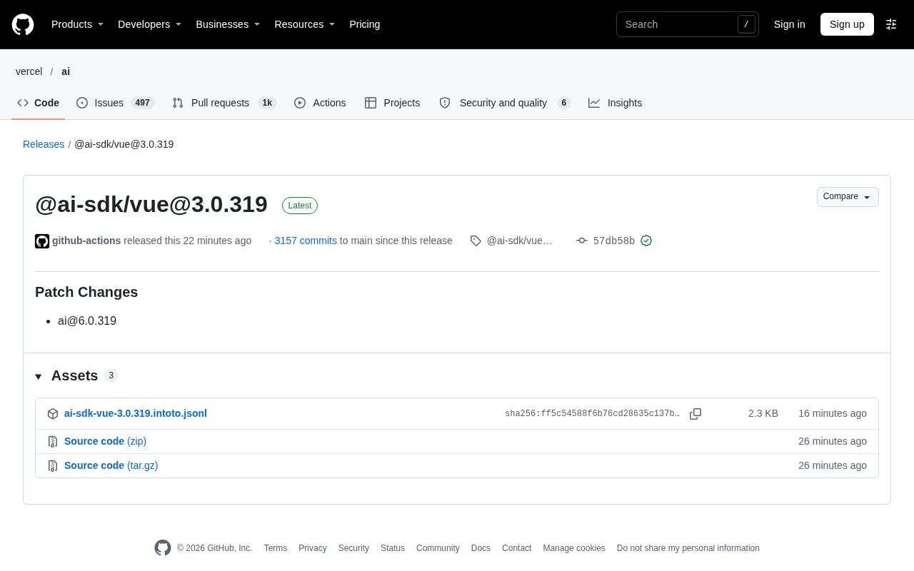 @ai-sdk/vue 3.0.319 Released: Routine Maintenance and Version Alignment in the AI SDK Ecosystem